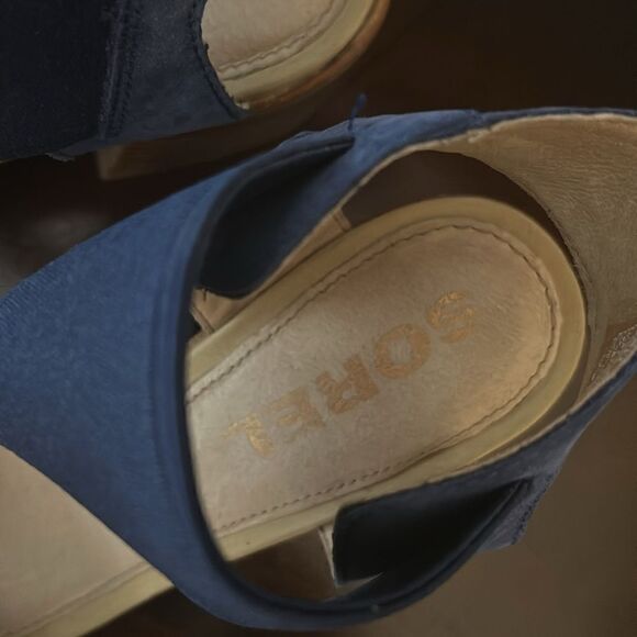 Sorel women summer blue sandals low heel slip on shoe designer pumps denim look - Picture 3 of 7